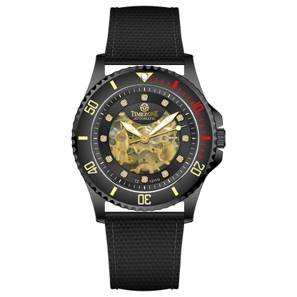 Branded wrist watch for men in pakistan. A black Monarch Elite watch with a gold dial and a leather/cloth strap, featuring a precision automatic movement and 3 ATM water resistance.
