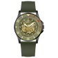 Branded wrist watch for men in pakistan. A black Monarch Elite watch with a gold dial and a leather/cloth strap, featuring a precision automatic movement and 3 ATM water resistance.