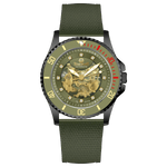 Branded wrist watch for men in pakistan. A black Monarch Elite watch with a gold dial and a leather/cloth strap, featuring a precision automatic movement and 3 ATM water resistance.