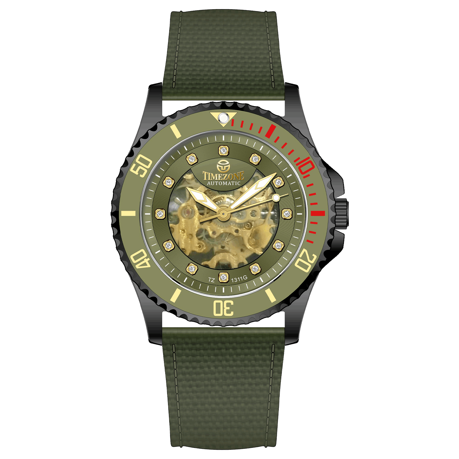 Branded wrist watch for men in pakistan. A black Monarch Elite watch with a gold dial and a leather/cloth strap, featuring a precision automatic movement and 3 ATM water resistance.