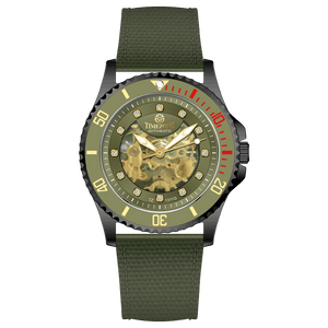 Branded wrist watch for men in pakistan. A black Monarch Elite watch with a gold dial and a leather/cloth strap, featuring a precision automatic movement and 3 ATM water resistance.
