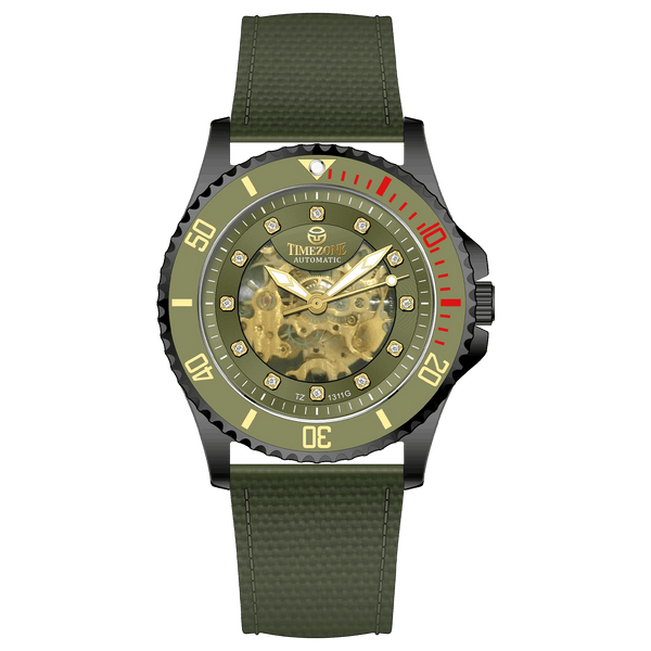 Branded wrist watch for men in pakistan. A black Monarch Elite watch with a gold dial and a leather/cloth strap, featuring a precision automatic movement and 3 ATM water resistance.