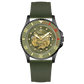 Branded wrist watch for men in pakistan. A black Monarch Elite watch with a gold dial and a leather/cloth strap, featuring a precision automatic movement and 3 ATM water resistance.