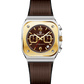 Branded wrist watch for men in pakistan with brown strap and gold case on a white background.