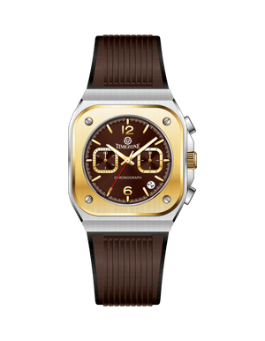 Branded wrist watch for men in pakistan with brown strap and gold case on a white background.