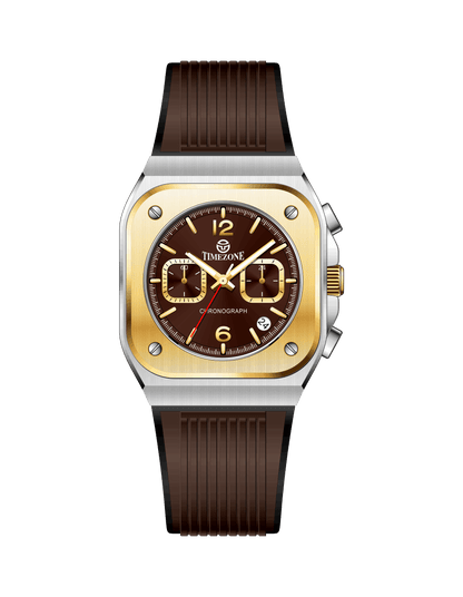 Branded wrist watch for men in pakistan with brown strap and gold case on a white background.