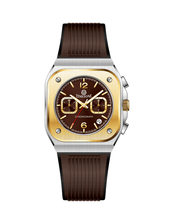 Branded wrist watch for men in pakistan with brown strap and gold case on a white background.