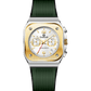 Branded wrist watch for men in pakistan with green strap and gold case on a white background.