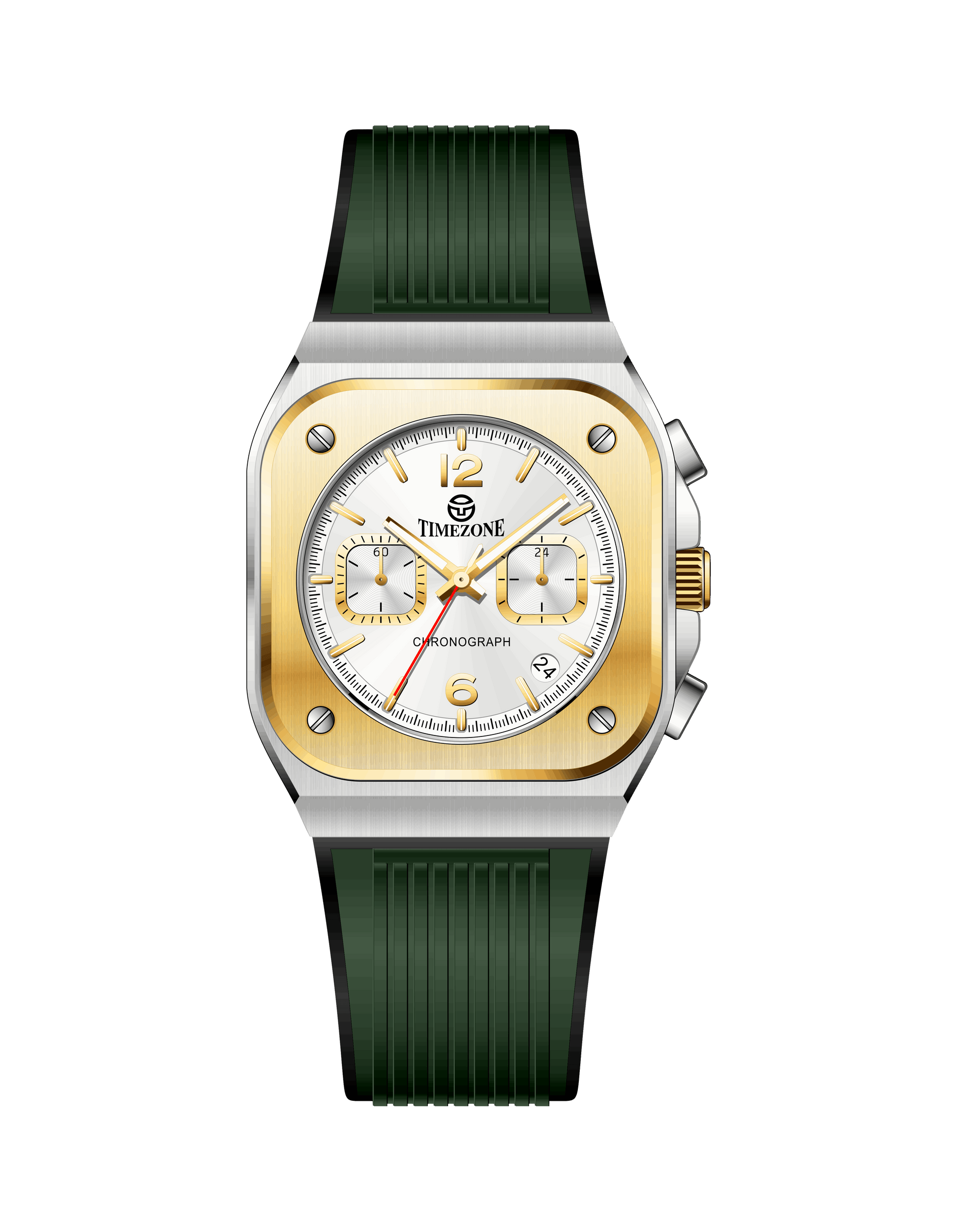 Branded wrist watch for men in pakistan with green strap and gold case on a white background.