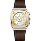 Branded wrist watch for men in pakistan with gold case and brown strap on a white background.