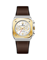 Branded wrist watch for men in pakistan with gold case and brown strap on a white background.