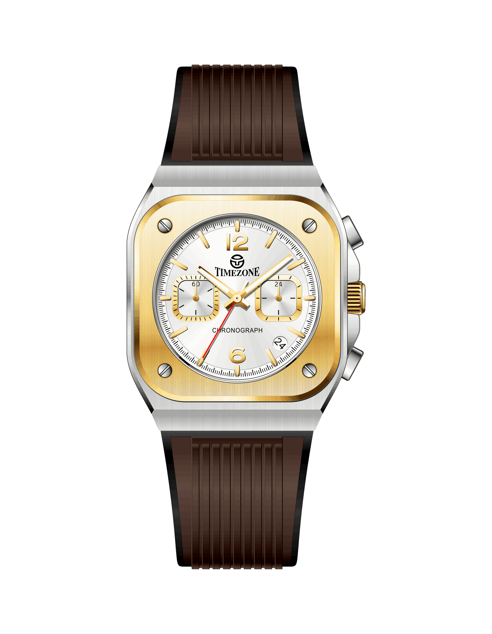 Branded wrist watch for men in pakistan with gold case and brown strap on a white background.