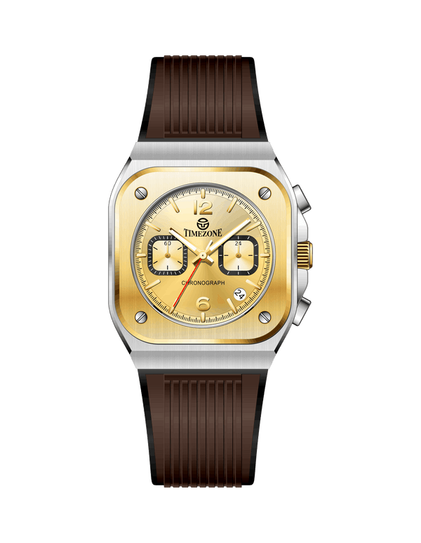 Branded wrist watch for men in pakistan, a gold watch with brown strap on a white background.