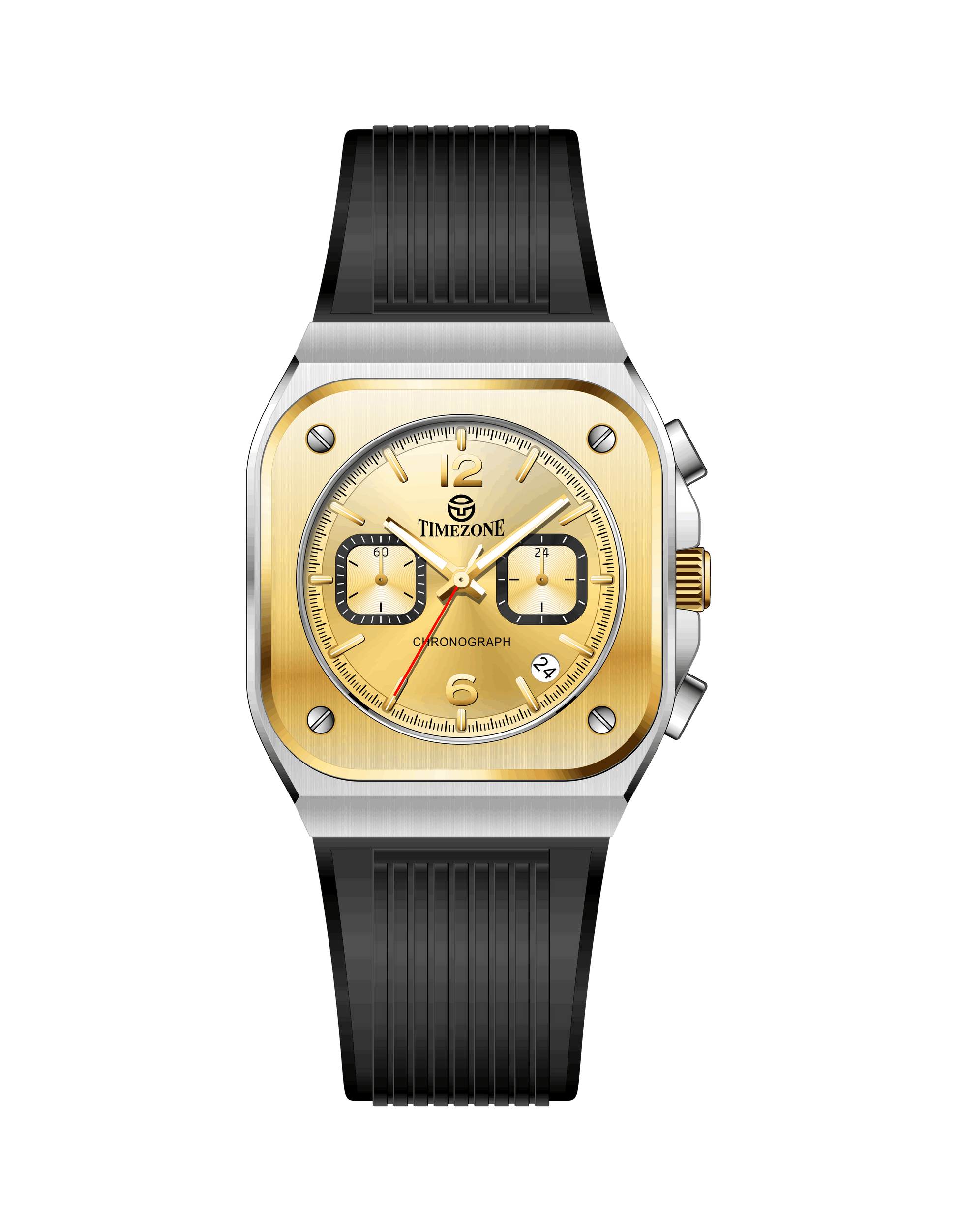 Branded wrist watch for men in pakistan. Gold and black watch with 'Timezone' branding on a white background