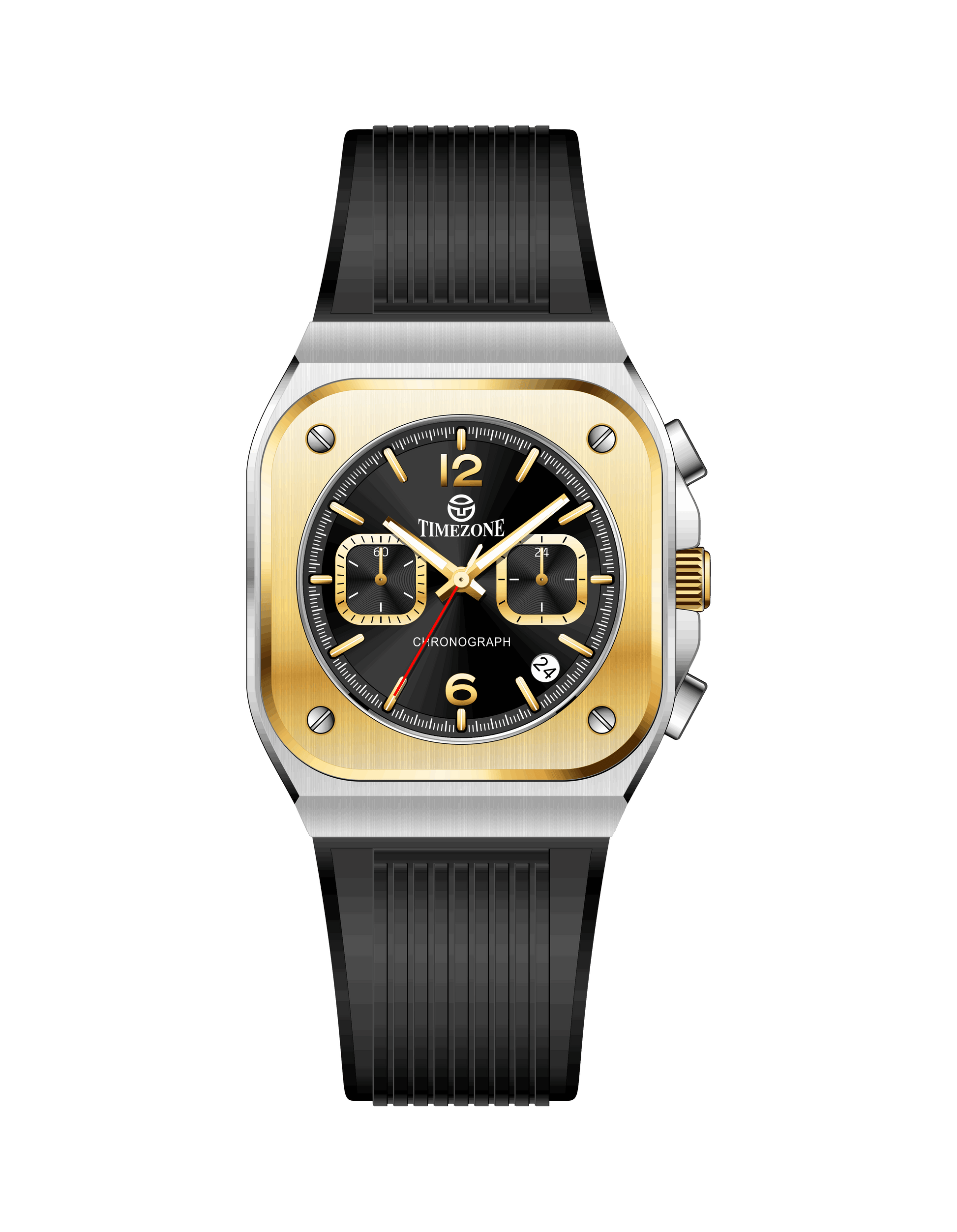 Branded wrist watch for men in pakistan with black strap and gold case on a white background