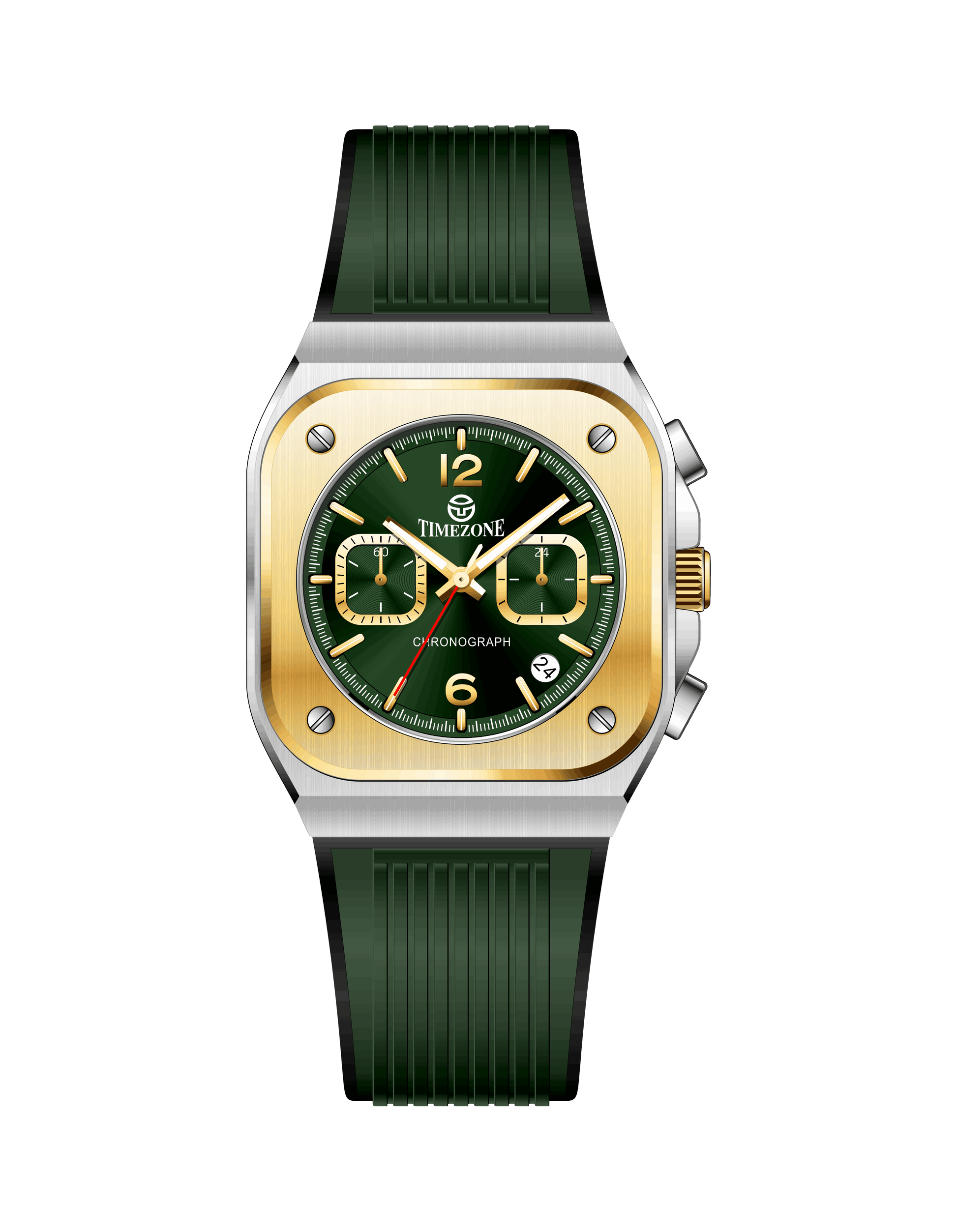 Branded wrist watch for men in pakistan. A Green watch with gold bezel and green strap on a white background