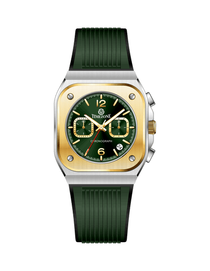 Branded wrist watch for men in pakistan. A Green watch with gold bezel and green strap on a white background