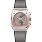 Watch with rose gold case and gray strap on white background. Branded wrist watch for men in pakistan