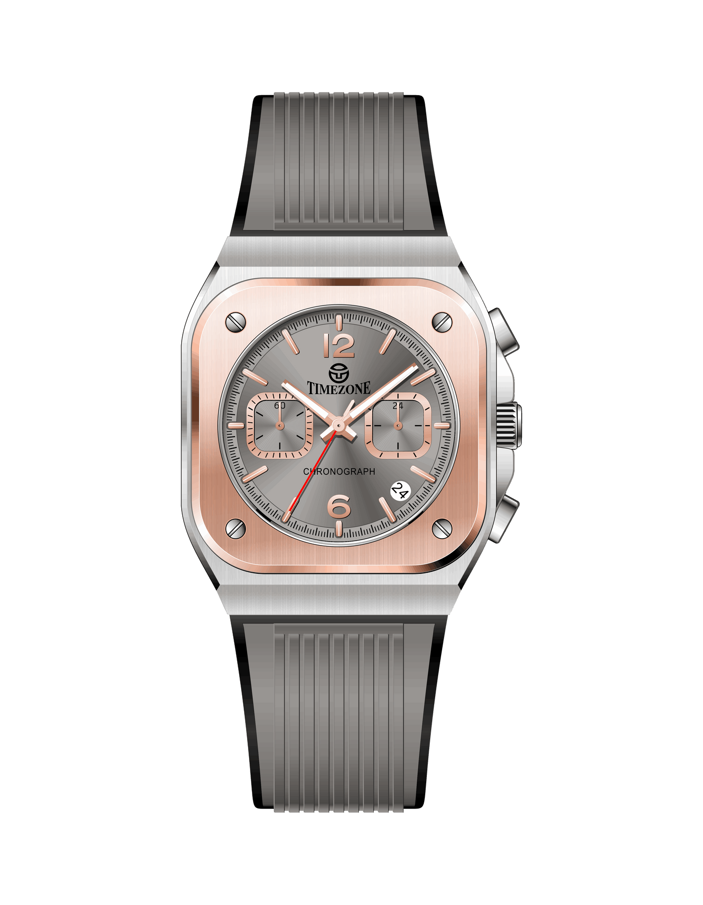 Watch with rose gold case and gray strap on white background. Branded wrist watch for men in pakistan