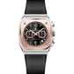 Branded watch for men with black strap and rose gold case on a white background.