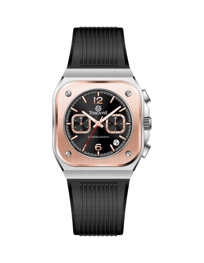 Branded watch for men with black strap and rose gold case on a white background.