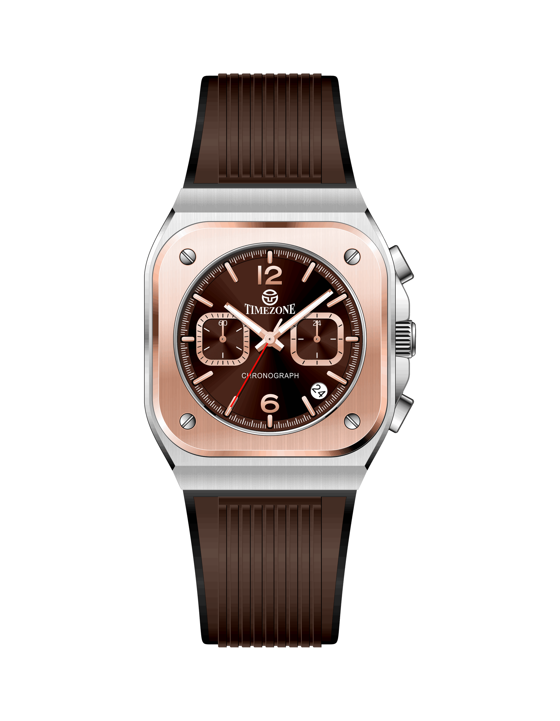 Watch with brown strap and rose gold case on white background. Branded wrist watch for men in pakistan.