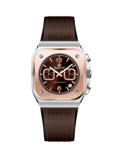 Watch with brown strap and rose gold case on white background. Branded wrist watch for men in pakistan.