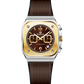 Branded wrist watch for men in pakistan with brown strap and gold case on a white background.