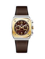 Branded wrist watch for men in pakistan with brown strap and gold case on a white background.