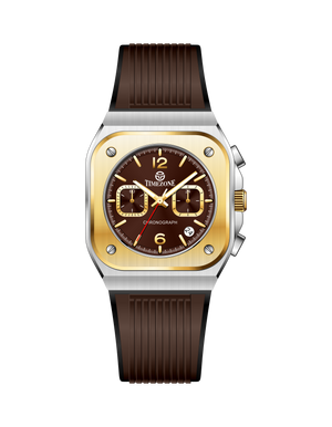 Branded wrist watch for men in pakistan with brown strap and gold case on a white background.
