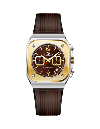 Branded wrist watch for men in pakistan with brown strap and gold case on a white background.