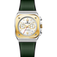 Branded wrist watch for men in pakistan with green strap and gold case on a white background.