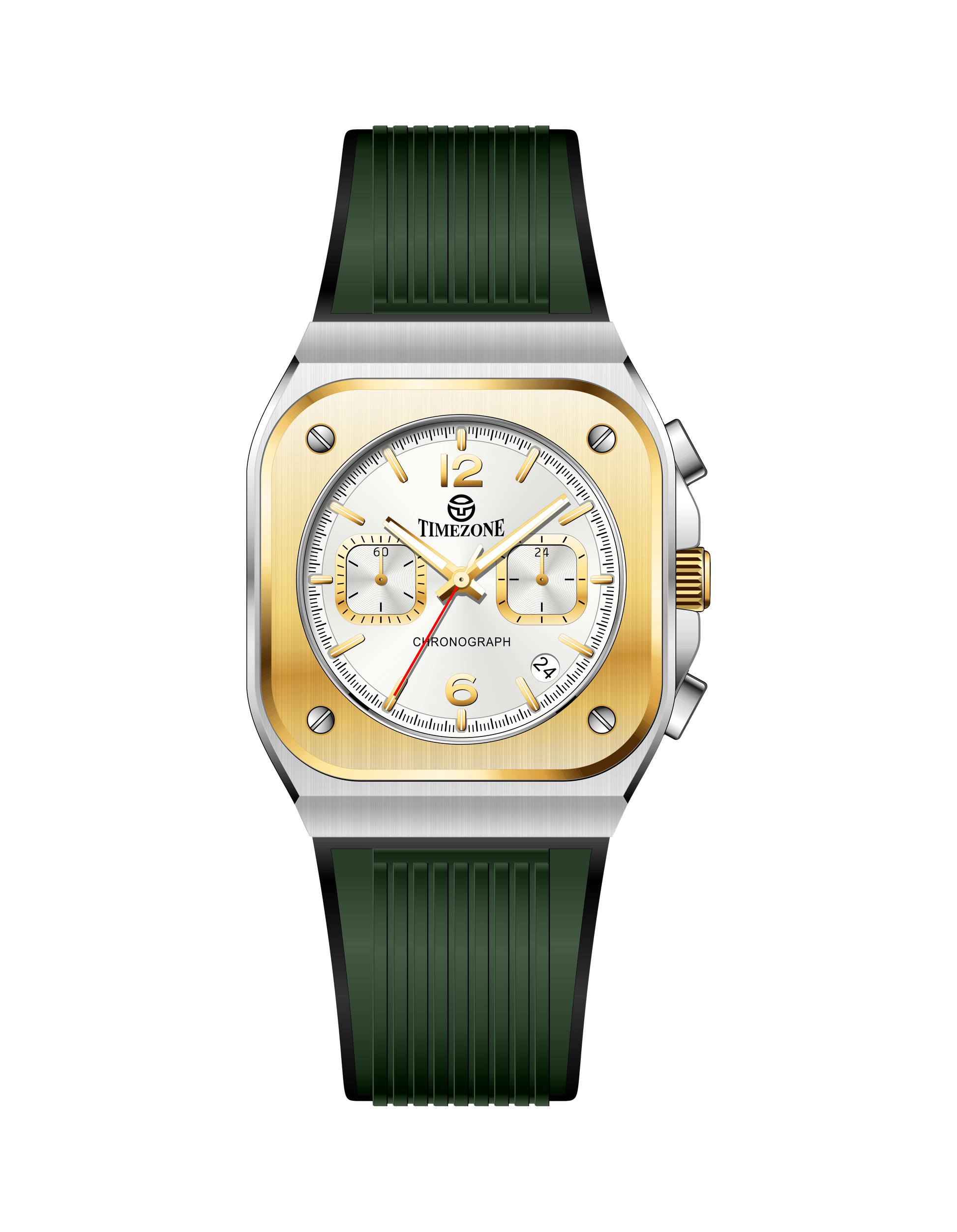 Branded wrist watch for men in pakistan with green strap and gold case on a white background.