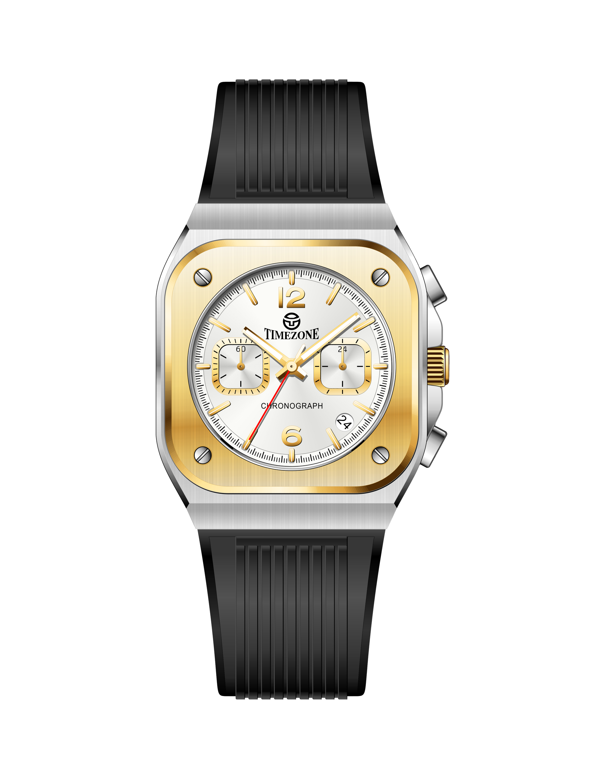 Branded wrist watch for men in pakistan with black strap and gold and silver case on a white background
