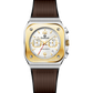Branded wrist watch for men in pakistan with gold case and brown strap on a white background.