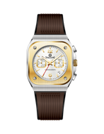 Branded wrist watch for men in pakistan with gold case and brown strap on a white background.