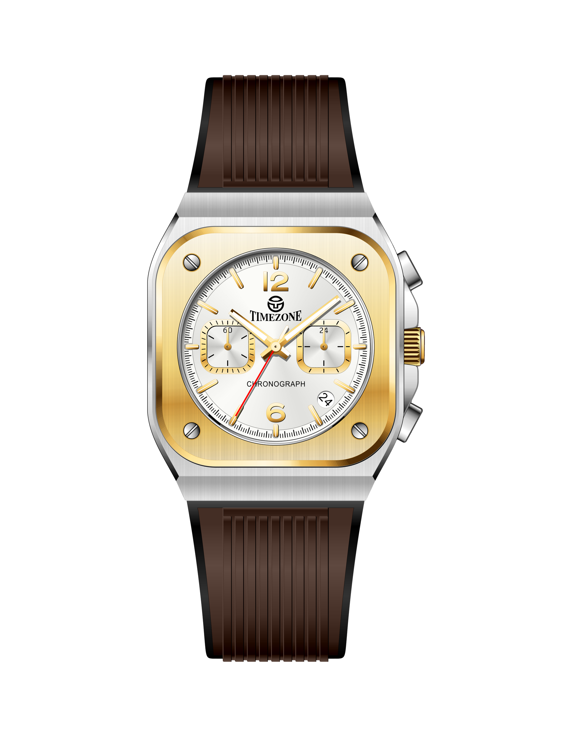 Branded wrist watch for men in pakistan with gold case and brown strap on a white background.