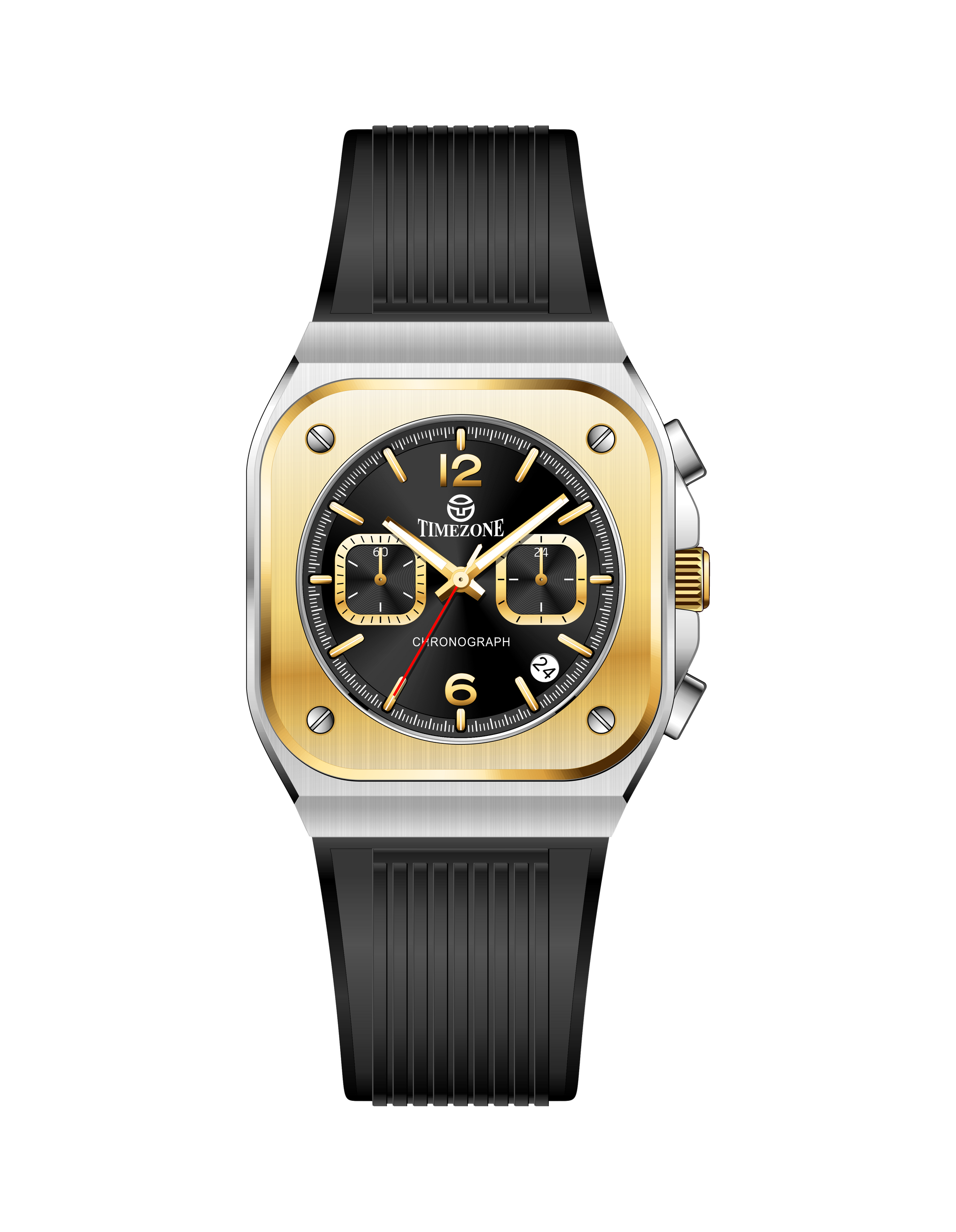 Branded wrist watch for men in pakistan with black strap and gold case on a white background