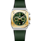 Branded wrist watch for men in pakistan. A Green watch with gold bezel and green strap on a white background