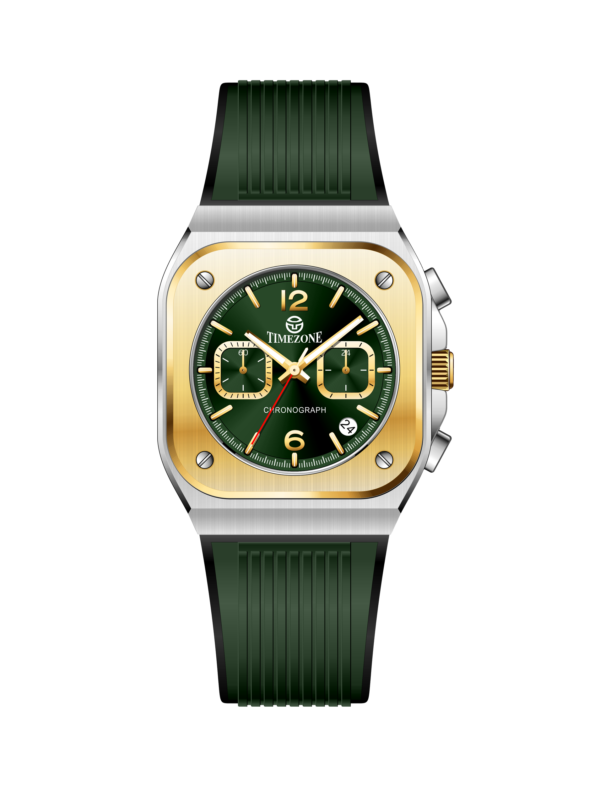Branded wrist watch for men in pakistan. A Green watch with gold bezel and green strap on a white background