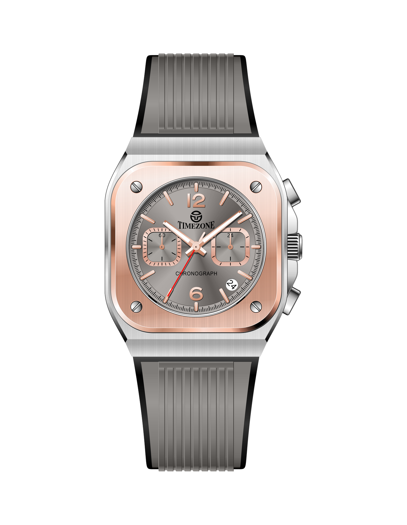Watch with rose gold case and gray strap on white background. Branded wrist watch for men in pakistan