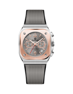 Watch with rose gold case and gray strap on white background. Branded wrist watch for men in pakistan