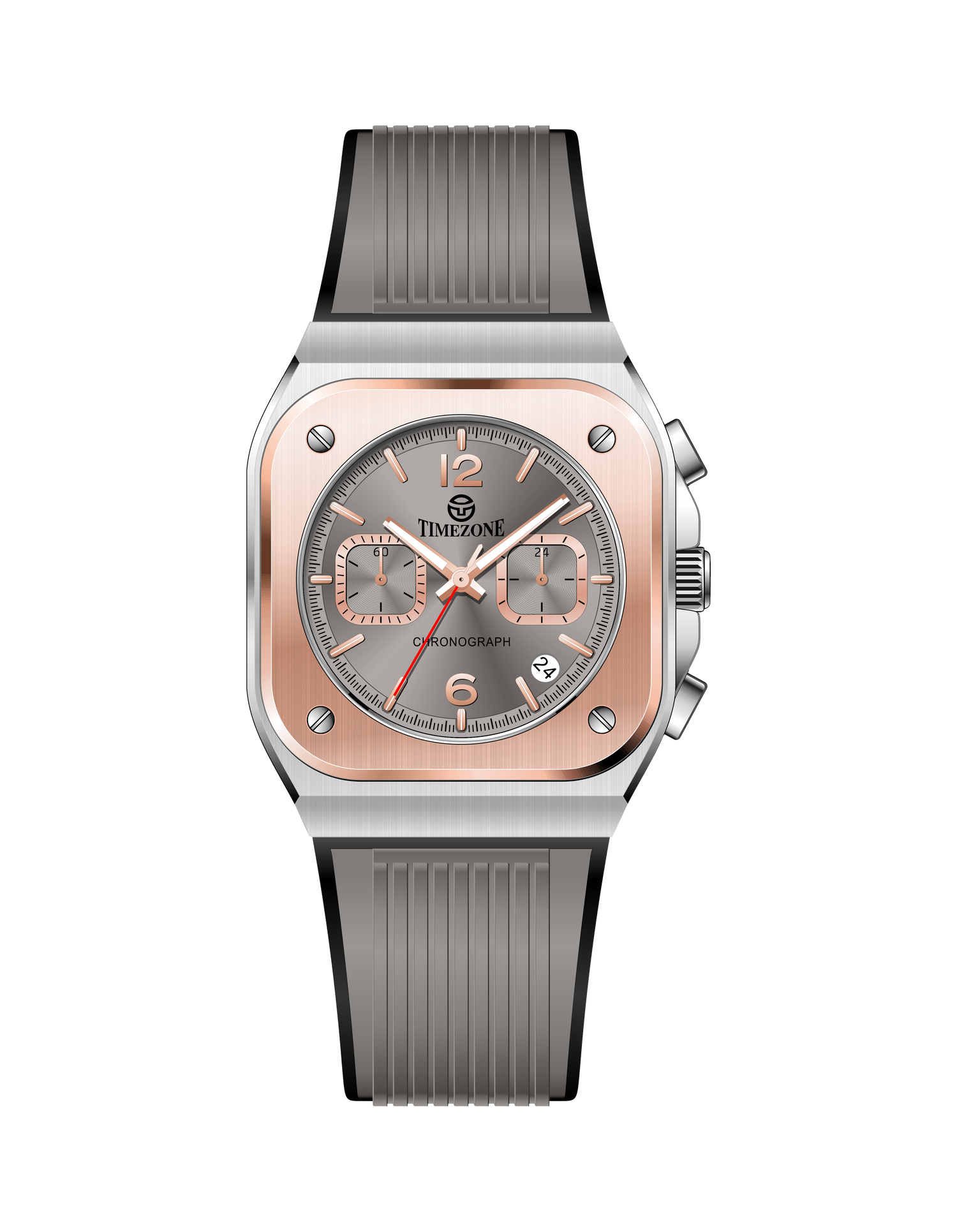 Watch with rose gold case and gray strap on white background. Branded wrist watch for men in pakistan
