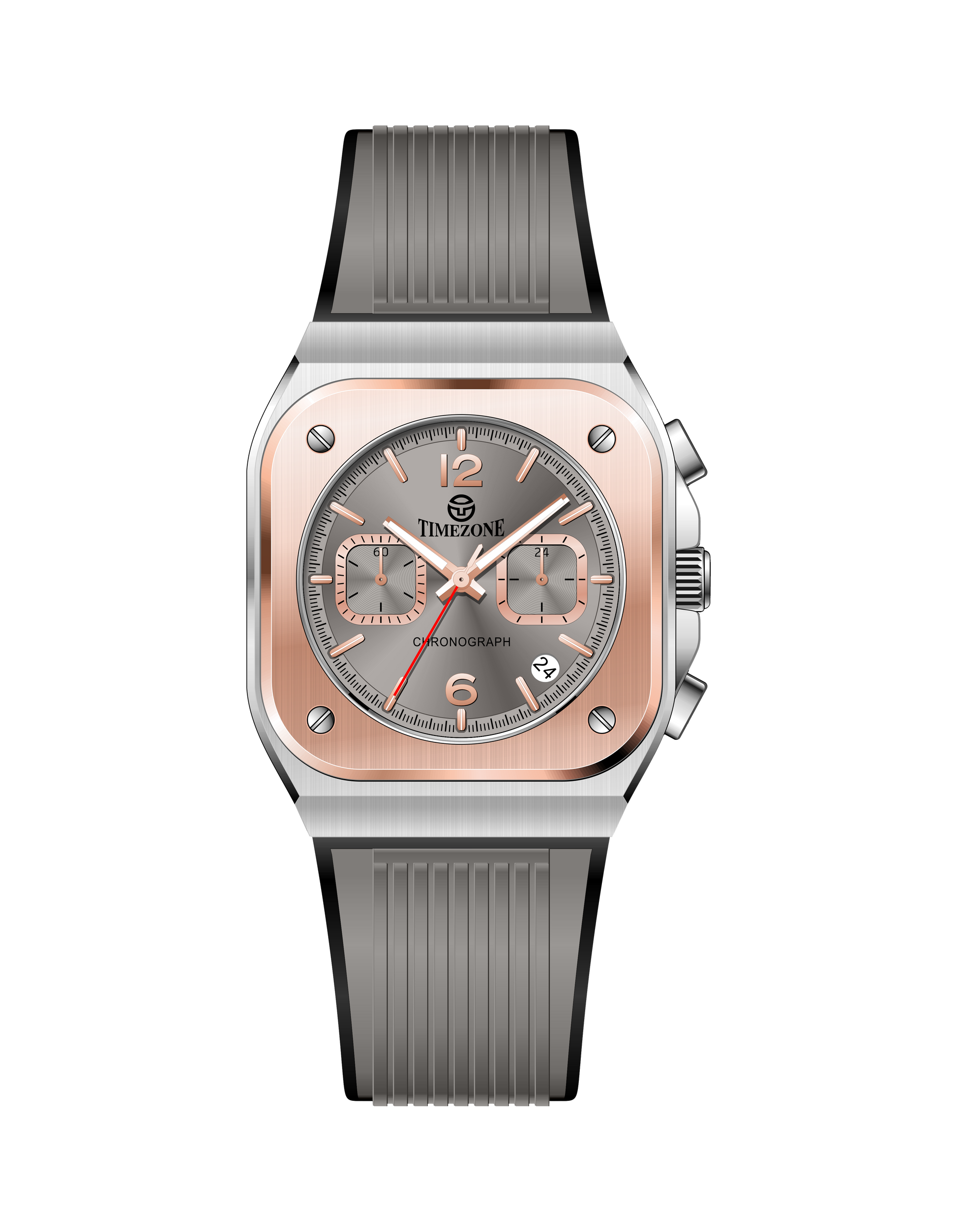 Watch with rose gold case and gray strap on white background. Branded wrist watch for men in pakistan