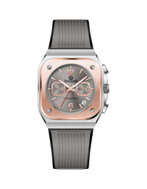 Watch with rose gold case and gray strap on white background. Branded wrist watch for men in pakistan