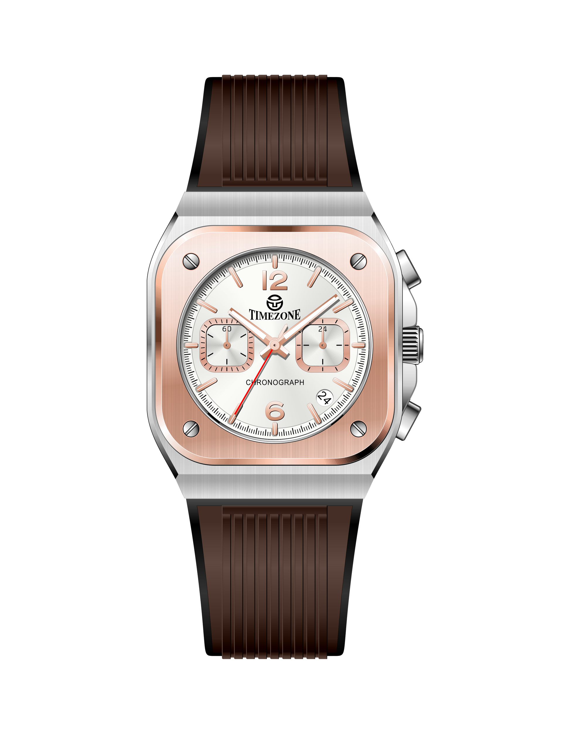 Watch with brown strap and rose gold case on white background. Branded wrist watch for men in pakistan.