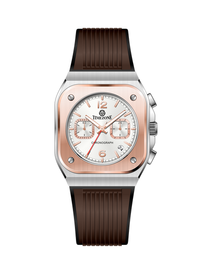 Watch with brown strap and rose gold case on white background. Branded wrist watch for men in pakistan.