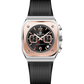 Branded watch for men with black strap and rose gold case on a white background.
