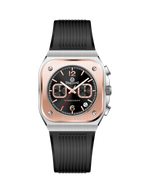 Branded watch for men with black strap and rose gold case on a white background.