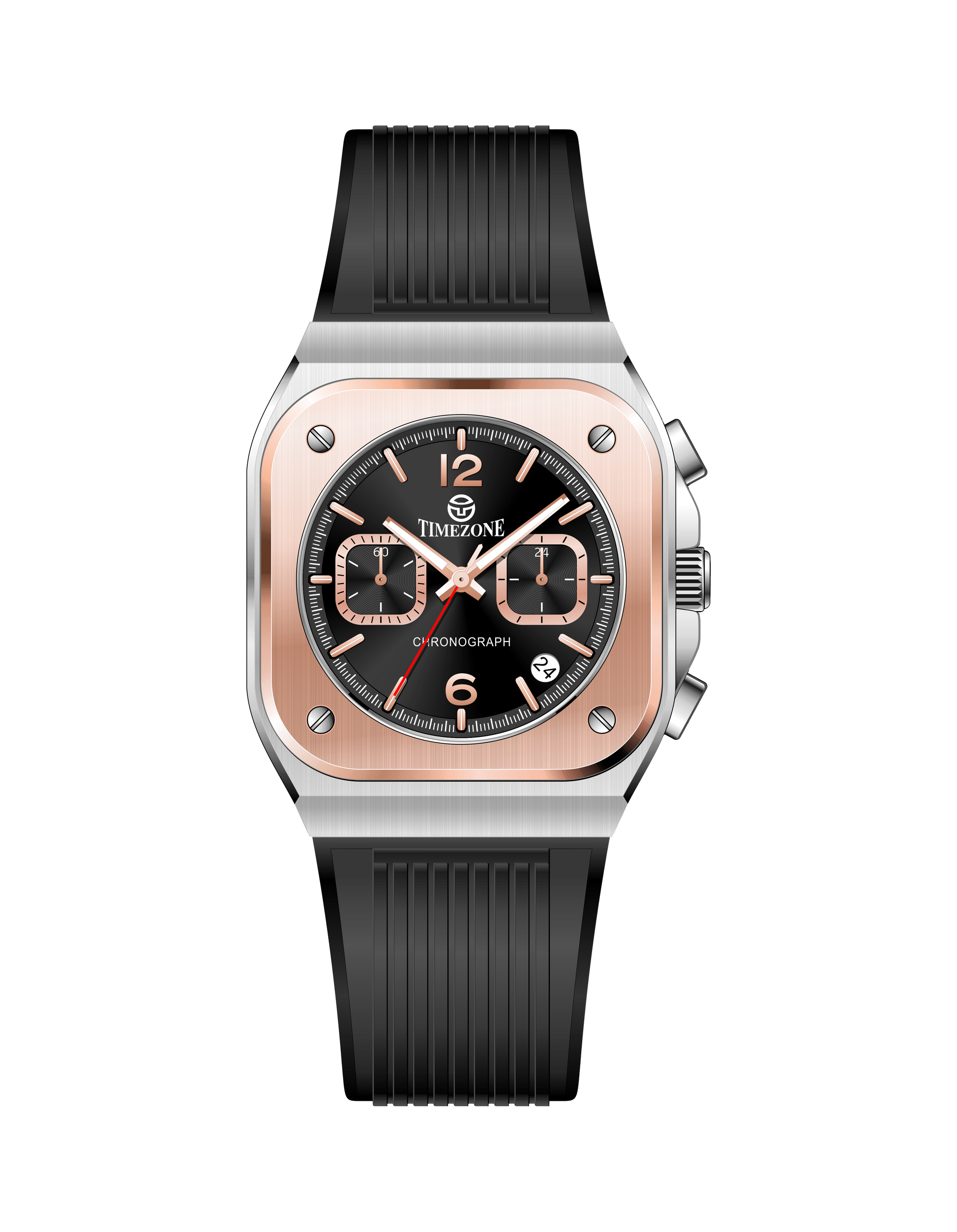 Branded watch for men with black strap and rose gold case on a white background.